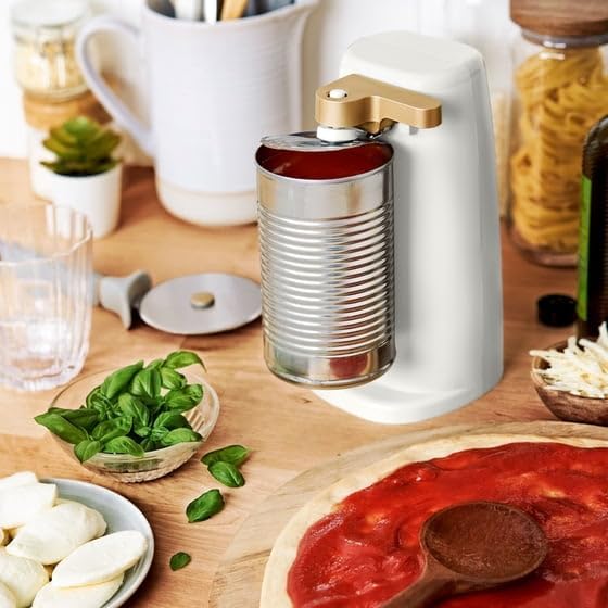 New B'eautiful Easy-Prep Electric Can Opener with 70-watt motor effectively, Auto-turn & One-Touch Operation Built-in knife sharpener and bottle opener by D'rew Barry'more (White Icing)