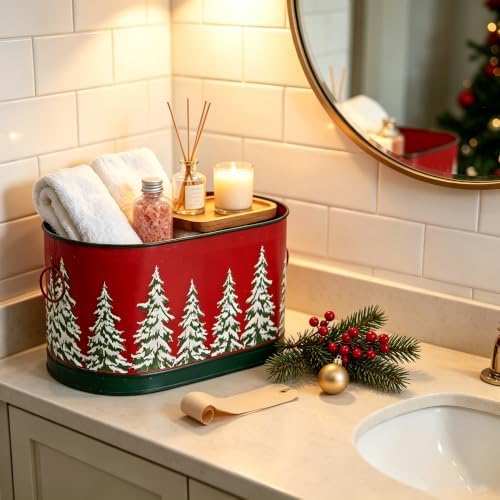 Set of 2 Christmas Metal Buckets, Oval Decorative Planters with Embossed Snow Pine Tree, Distressed Red Green Holiday Storage Tubs for Mini Christmas Tree, Tabletop & Porch Xmas Decor