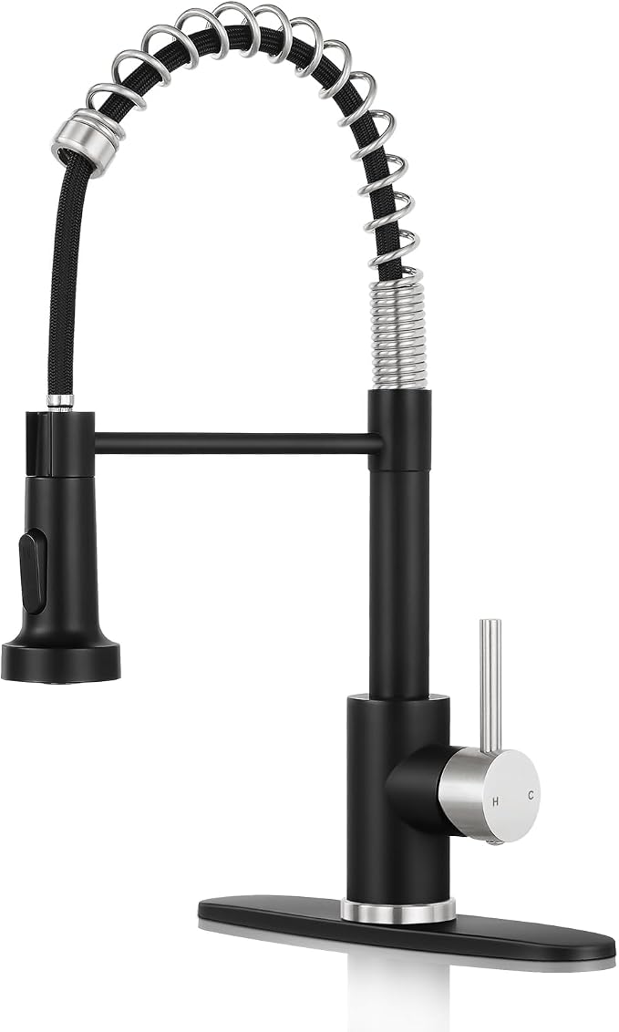 Kitchen Faucet with Pull Down Sprayer Black&Brush Nickel | 2-mode sprayer, 360° high arc spout, 304 SS build, drip-free valve, fingerprint-resistant, DIY install, NSF certified