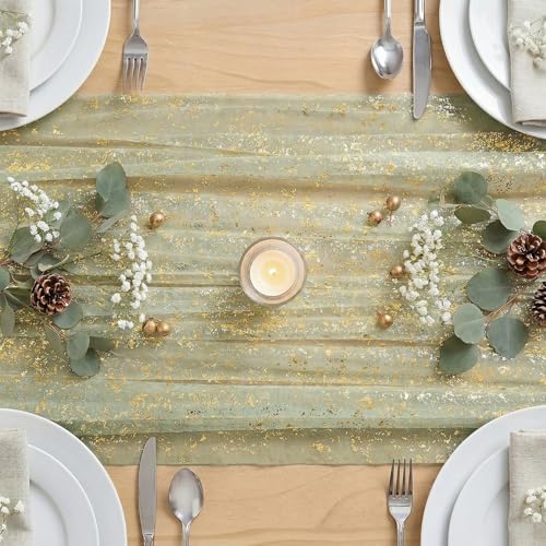 Artoid Mode Sage Green Gold Gauze Table Runner 59x120 Inch 10FT, Glitter Metallic Foil Sheer Dining Wedding Anniversary Holiday Birthday Table Decor for Home Party