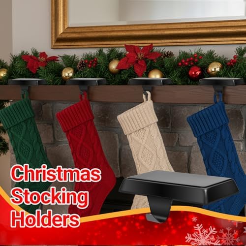 ONEXIZ 4 Pack Christmas Stocking Holders for Mantle Heavy Duty Stocking Hangers Stocking Hook Christmas Ornaments for Counter Tables Window Fireplace Mantle Decoration(Matt Black)
