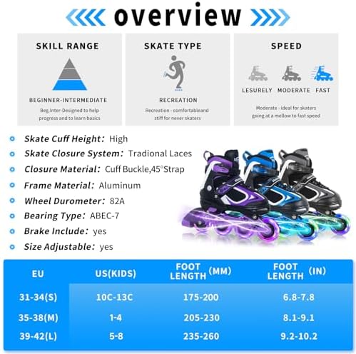 MammyGol Adjustable Inline Skates for Kids Boys Girls Youth Blades Roller Skates with Light up Wheels Ages 4-16