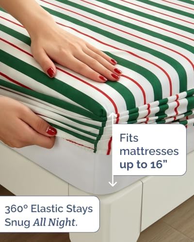 Christmas Sheet Set, Cabana Stripe, Holiday Xmas Bedding Set - Twin Size