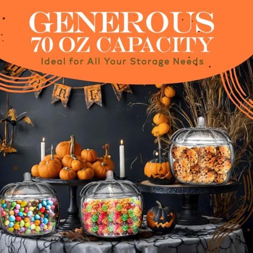 HOMESPHERE 70 oz. Orange Glass Pumpkin Candy Jar with Lid – Large Storage Container for Halloween Treats, Candies, Cookies & Fall Décor Display