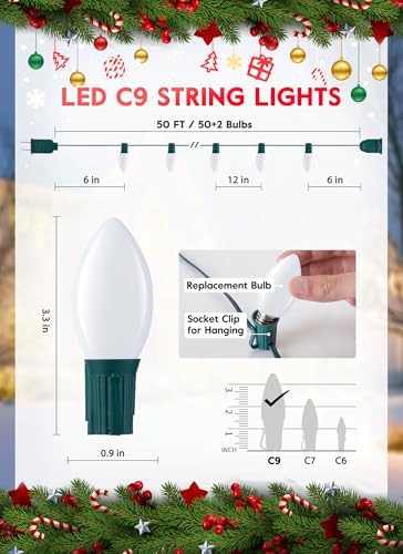 Minetom Vintage C9 LED Christmas Lights Outdoor, 50 Feet C9 String Lights with 50 Shatterproof Matte Bulbs, Connectable Waterproof Lights for Holiday Party Roofline Backyard Garden Patio, Pure White