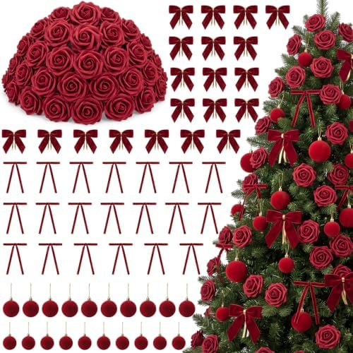 100 Pcs Velvet Rose Christmas Tree Decoration Ribbon Bow Ball Ornament Set
