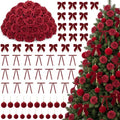 100 Pcs Velvet Rose Christmas Tree Decoration Ribbon Bow Ball Ornament Set