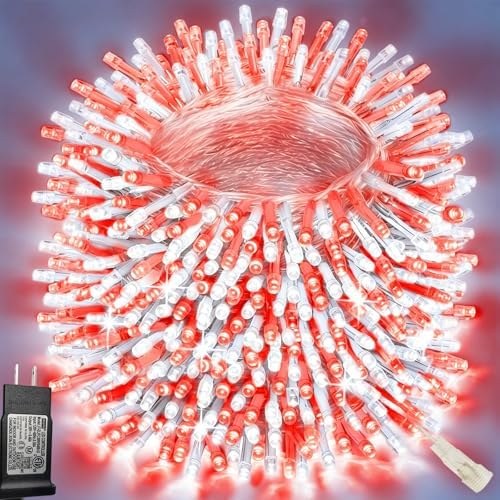 Pooqla 500 LED String Lights Indoor Outdoor, 164 ft Red and White Christmas Lights Plug in with Timer, Connectable 8 Modes Waterproof Clear Wire Twinkle Fairy Lights for Bedroom Party Classroom Decor