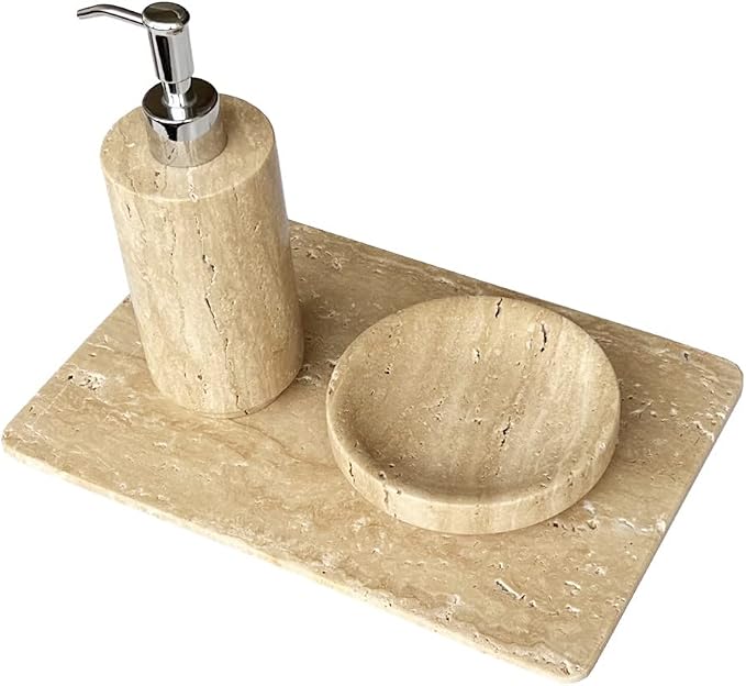 Natural Beige Travertine Refillable Bathroom Liquid Dispenser, Lotions Soap Container (Beige Travertine) (Beige Travertine)