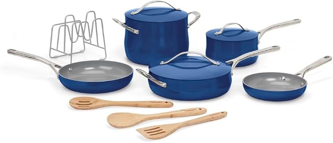 Cuisinart Ceramic Cookware Set, Nonstick 12-Piece Pots and Pans Set for Even Heat Cooking, Dishwasher Safe, Stainless Steel Handles & Easy Cleanup, Sapphire, 34C-12SP