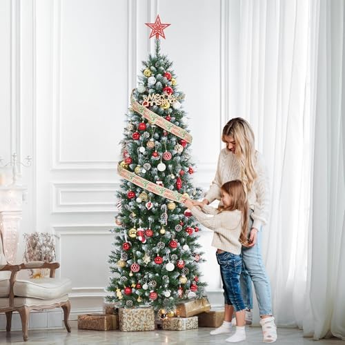 6ft Snow Flocked Artificial Pencil Christmas Tree, Unlit Slim Xmas Tree with Pine Cones, PVC Branch Tips Metal Stand, for Indoor Holiday Home/Office Decor
