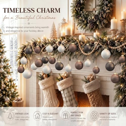 Yunlly 36 Pcs Neutral Christmas Ornaments Bulk Farmhouse Xmas Tree Decor