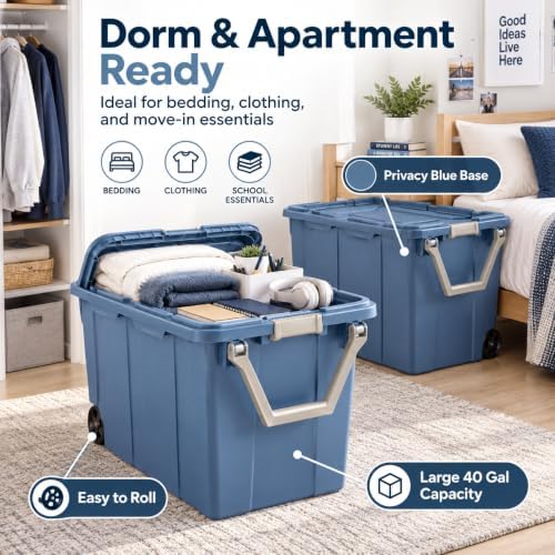 2-Pack 40 Gal Wheeled Storage Bins, Latching Lid & Pull Handle, Blue