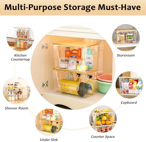 Delamu 4 Pack Pantry Organizers and Storage,Trash Bag Dispenser with Bamboo Top,Stackable Trash Bag Dispenser Under Sink Organizer for 4-30 GalBags,Onion,Potato,Fruits,Clear