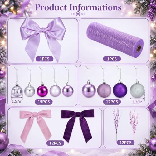 53 Pcs Christmas Tree Decorations Bow Topper Ornaments Christmas Balls Berry Picks Mesh Ribbon Bow Xmas Tree Ornaments for Xmas Home Office Decorations