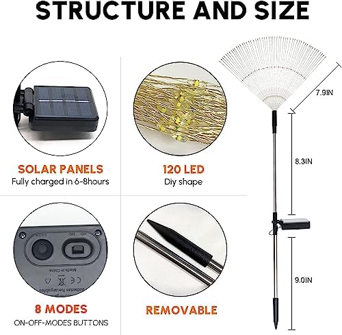 Solar Garden Firework Lights Outdoor Waterproof, 2 Pack Solar Powered Art Stake Twinkle Lighting for Outside Decor, 120 LED Sparklers String Lights for Yard Pathway Decorations(White)