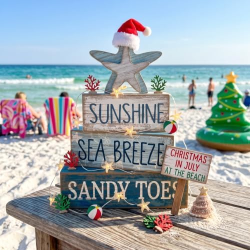 Lineshading 4 Pcs Coastal Christmas Table Decor, Wooden Starfish Beach Sign