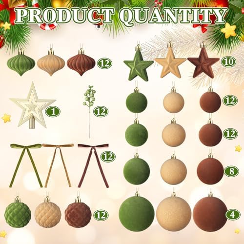 Hollowfly 95 PCS Velvet Christmas Tree Decor Set, Green, Brown, Khaki
