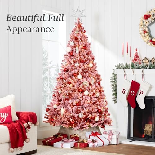Best Choice Products Pre-Lit Red Christmas Tree, 7.5ft Artificial Flocked Full Fir Tree, Holiday Decoration w/ 550 Lights, 1,346 Branch Tips