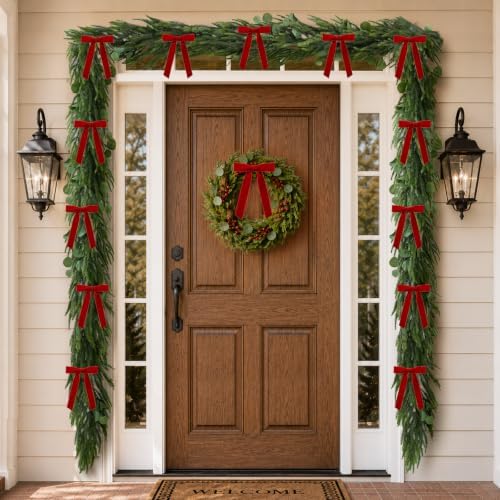 Christmas Decorations, 6FT Norfolk Pine Garland with Red Velvet Ribbon Bows