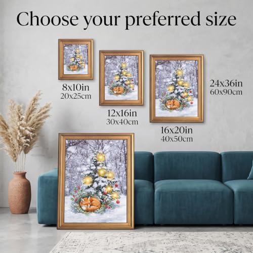 Framed Sleeping Fox Christmas Canvas Wall Art Gold Frame Inch 12x16
