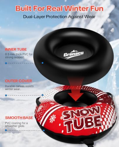 48" Snow Tube with Canvas Cover, Heavy Duty Snow Sled for Kids & Adults