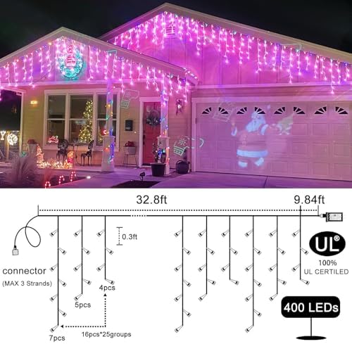 Icicle Christmas Lights Outdoor 33ft 400 LED Pink Christmas Lights