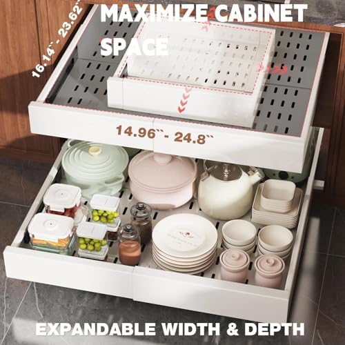 Seinloes 4 Pack Pull Out Cabinet Organizer Expandable Width(15"-25") and Depth(17"-24"),Slide Out Drawers With Raising Pad for Framed Cabinets,No Drill Roll Out Shelves for Kitchen,Bathroom,White