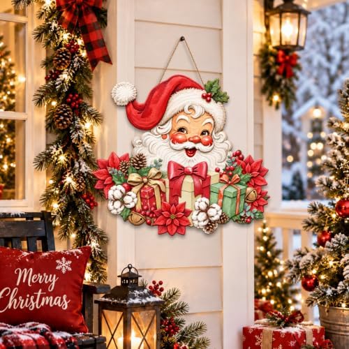 Christmas Decorations Vintage Santa Hanging Wood Sign for Front Door Decor