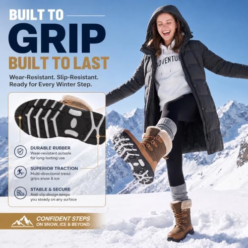 Women's Snow Boots Winter Water-Resistant Faux Fur Lined Warm Outdoor Lace Up Mid-Calf Booties Deep Tread Rubber Sole