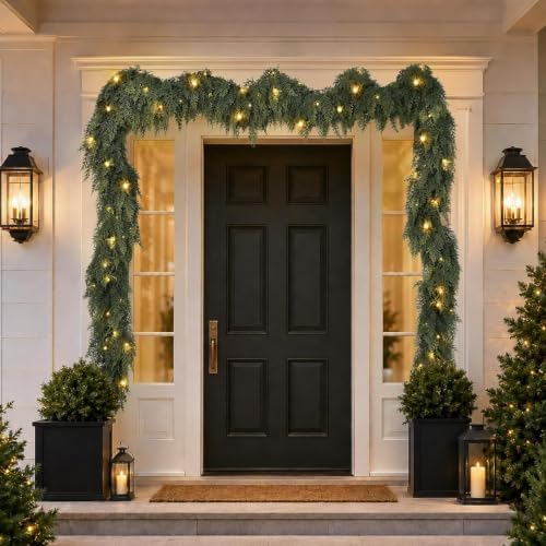 4PCS 6FT Christmas Pre-Lit Cedar Garlands with Lights Pine Garland Decor