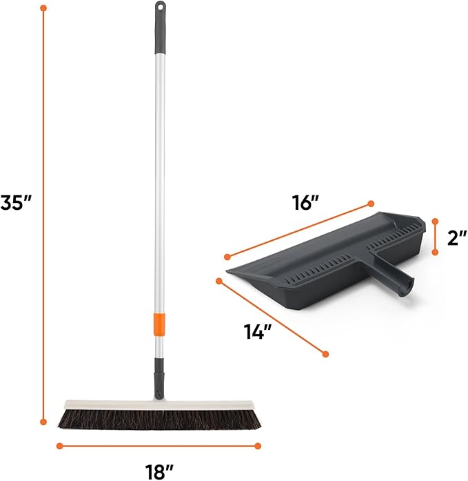 Superio 18" Horse Hair Upright Broom with Telescopic Handle & 16" Gray Dustpan with Comb, Rubber Lip & Clip – Narrow Thin Dust Broom for Dog Hair – Hardwood & Tile Floor Cleaning Set – Gray