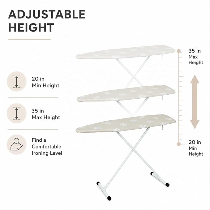 Folding T-Leg Ironing Board, 53 x 14 Inch, Adjustable Height, for Home Use | Portable ironing board with sturdy steel frame and 100% cotton cover, adjustable height, folds flat for easy storage