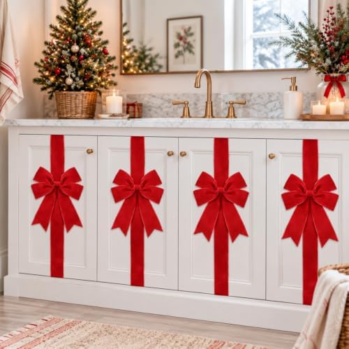 Daifunli 6 Pcs Bright Red Velvet Christmas Cabinet Bows Ribbons for Kitchen
