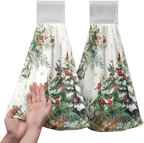 Christmas Tree Hanging Hand Towels Set of 2 Winter Cardinal Snow Xmas Pine Trees Kitchen Towels with Hanging Loop Nature Forest Dish Towel Soft Absorbent Bath Tie Towel for Bathroom Farmhouse Decor