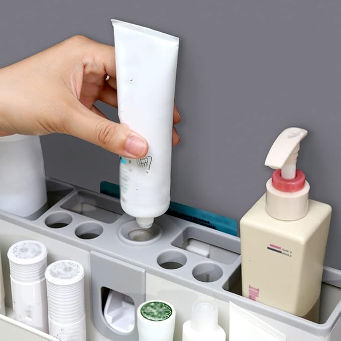 Toothbrush Rack Wall Mounted Toothbrush Holder No Punch Bathroom Shaver Storage Rack with Mouthwash Cup, Toothpaste Squeezer Kit Bathroom Toothbrush Holder(A)