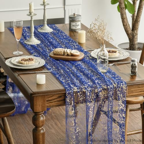 Artoid Mode 2-Pack Blue Gold Gauze Table Runner 10FT, Glitter Metallic Foil Sheer Dining Wedding Anniversary Holiday Table Decor for Home Party