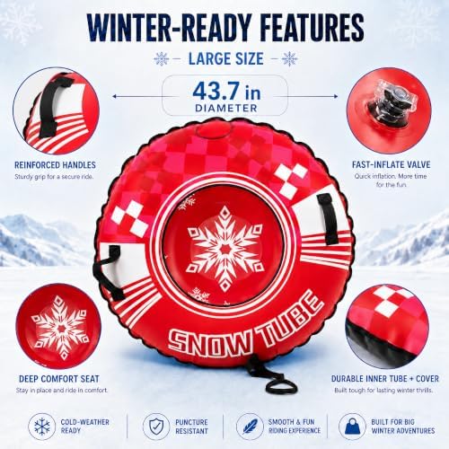 Snow Tube, 44-Inch Heavy-Duty Inflatable Snow Sled for Adults Premium Canvas Cover with Reinforced PVC Bottom
