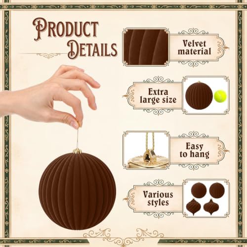 Civaner 8 Pcs Large Velvet Christmas Ball,6 Inch,Dark Brown