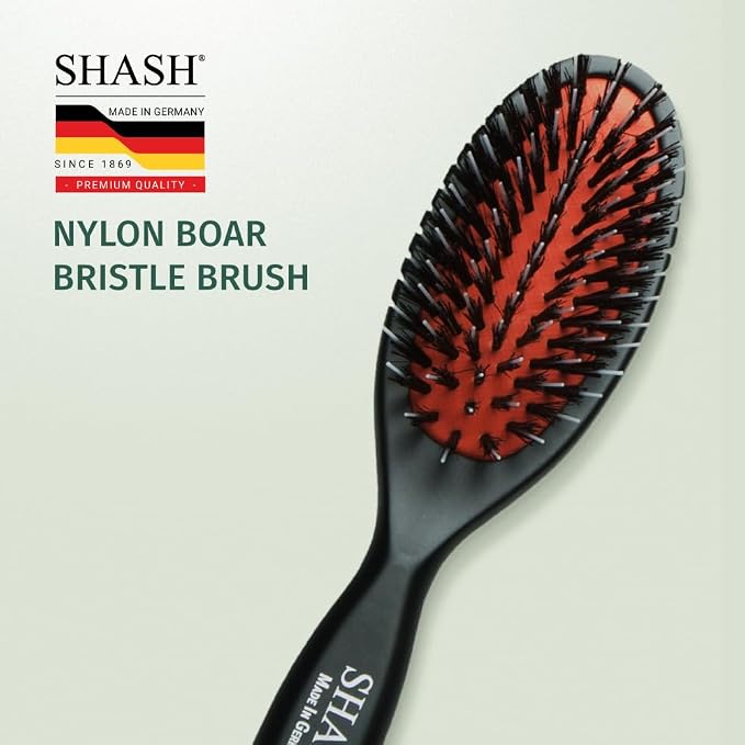 SHASH Since 1869 Hand Made In Germany - Nylon Boar Bristle Brush Suitable For Normal to Thick Hair Gently Detangles, No Pulling or Split Ends - Softens Improves Hair Texture, Stimulates (Extra Small)