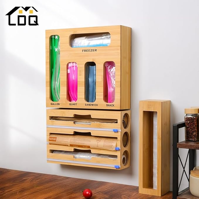 LDQ 9-in-1 Shatterproof Square Bamboo Storage Box - Aluminum Foil Dispensr with Cutter, Reusable Quarter Multi-Functional Sealed Bag Organizer for Kitchen Drawers, Walls, and Cabinetse
