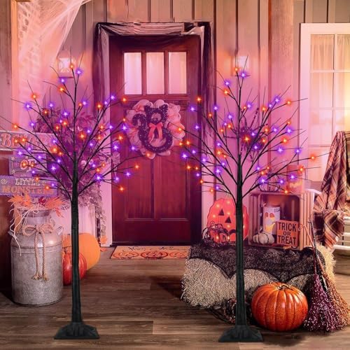 2 Pack 6FT Lighted Black Halloween Tree with 288 LED Orange & Purple Lights
