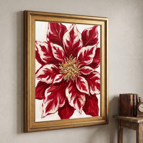Framed Canvas Wall Art Expressive Painterly Red Poinsettia Deep Red and Creamy White Impasto Canvas Print Poster Gold Frame Wall Decor for Living Room Bedroom Floral Art, Holiday Decor - Inch 16x20