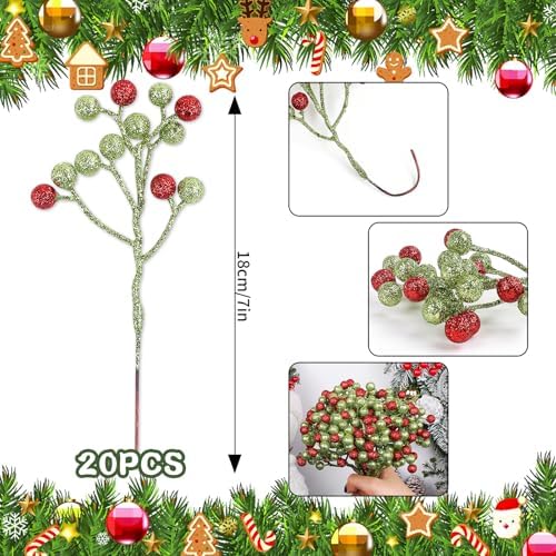 Fangoo 20 Pack 7 Inch Artificial Green Red Berry Picks for Christmas Tree