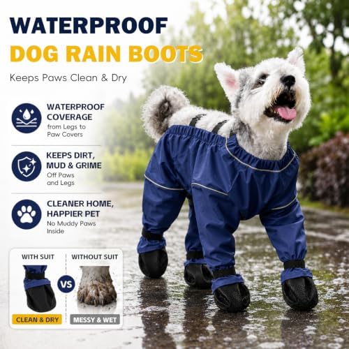 Waterproof Dog Boots Rain Boots with Suspender, Dogs Shoes Paw Protector for Small Medium Puppy, Anti-Slip Doggy Boot Belly Protector, Rain Booties Snow Pants Dogs Suspender Booties Leggings(S,BLUEG)