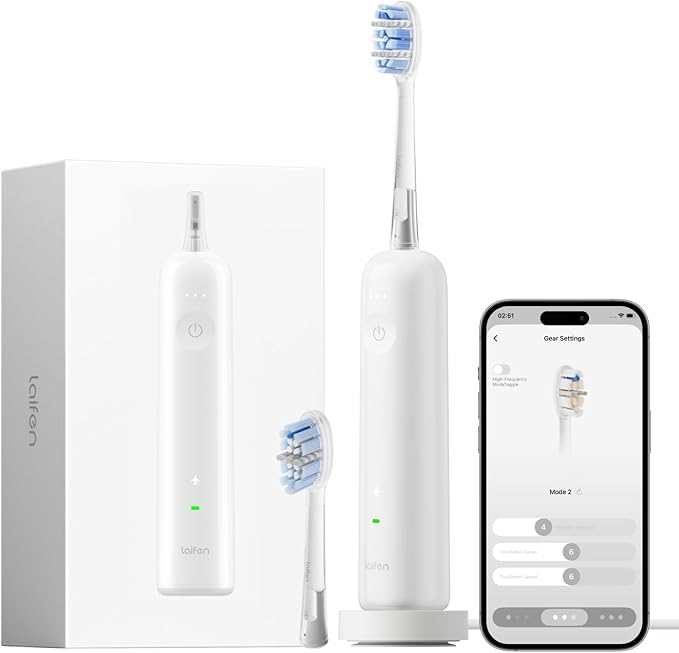 Laifen Wave Pro Sonic Electric Toothbrush for Adults – 2026 Model, 60° Oscillations for Ultra-Clean, Smart App, 70-Day Battery, 2 Brush Heads, IPX8 Waterproof (White ABS)