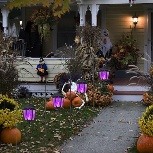 Dynaming 6 Pack Solar Halloween Flame Hanging Lights Outdoor, Flickering Flame LED Garden Lanterns with 4x38 Inch Shepherd Hooks, Landscape Lighting Waterproof for Lawn Yard Pathway Driveway, Purple
