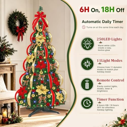 7 Ft Prelit Full Pop Up Christmas Tree, Pop Up Christmas Trees 250 Warm White LED Lights with Remote 8 Lighting Modes & Timer Plug in Collapsible Christmas Trees Outdoor Indoor Party Christmas Decor