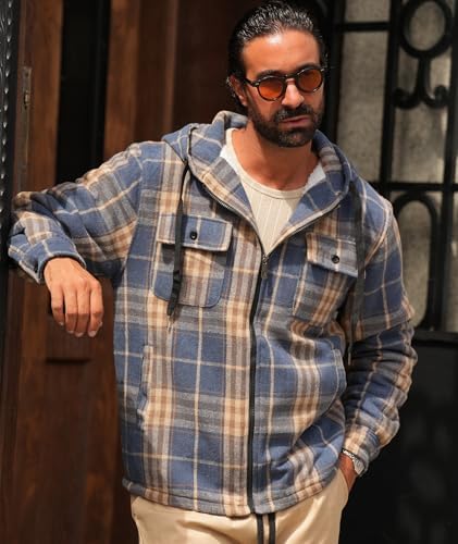 GEEK LIGHTING Men's Flannel Shirts Jacket Sherpa Lined Plaid Zipper Hoodie