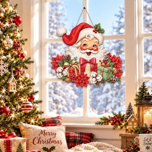 Christmas Decorations Vintage Santa Hanging Wood Sign for Front Door Decor